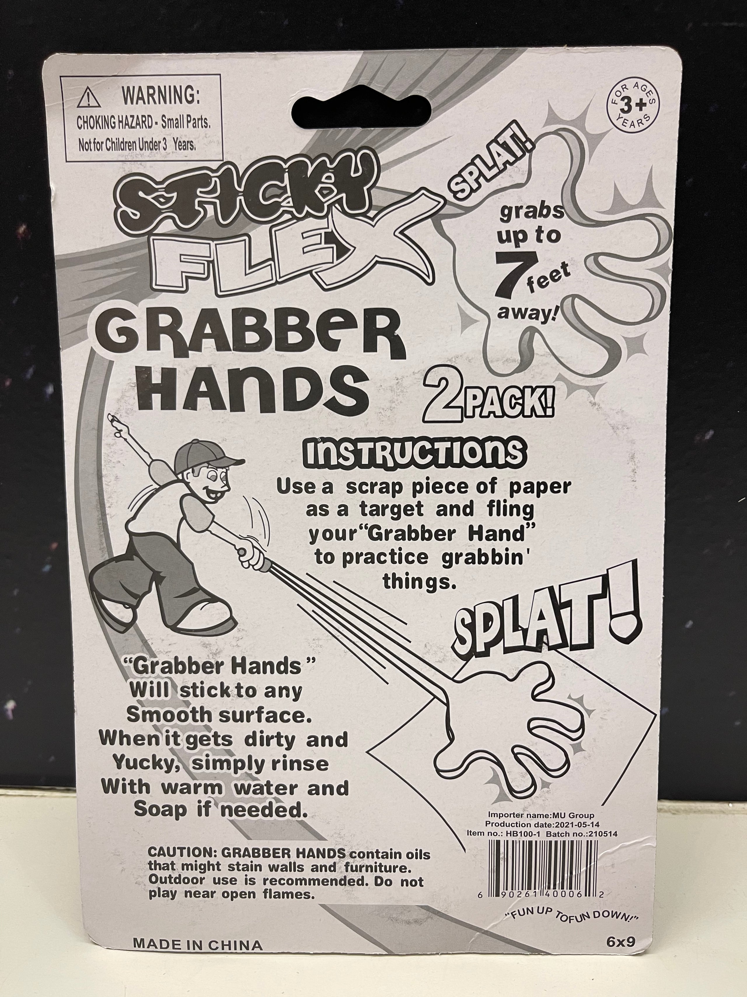 1 Pack Two Sticky Flex Grabber Hands Grab up to 7 feet with 2 inches Hand